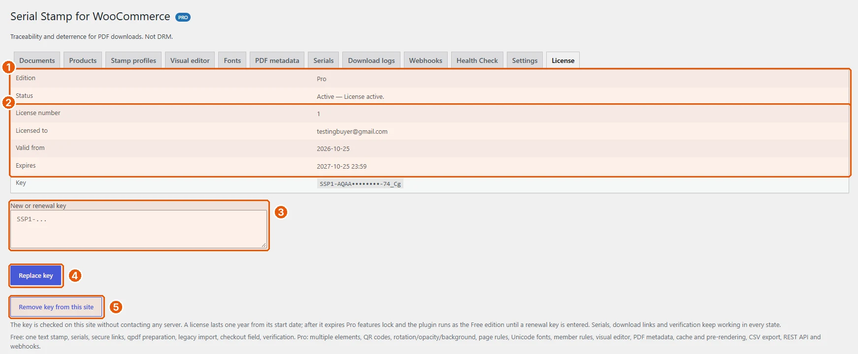 License tab with an active key