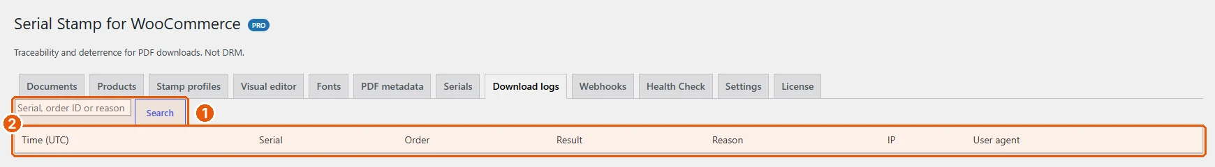 Download logs tab