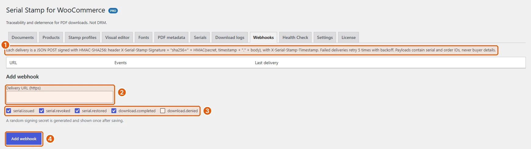 Webhooks tab
